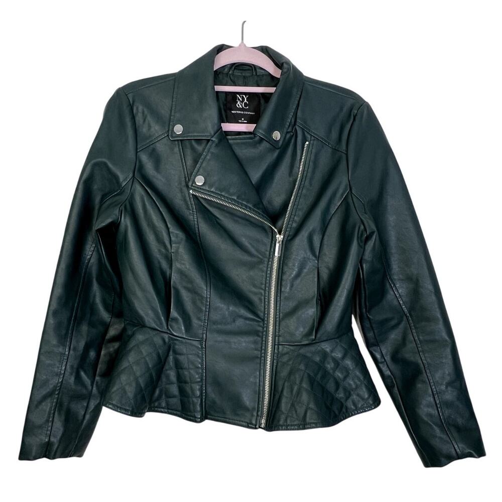 NY&C Dark Green Long Sleeve Zip Up Faux Leather Silver Details Moto Jacket Sz M